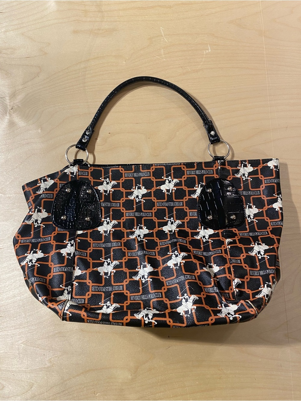 Beverly Hills Polo Club Black & Orange Patterned Women's Tote Bag (BD) - Picture 3 of 7